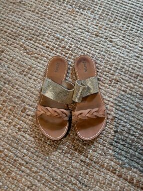 Soludos Tan Braided & Metallic Gold Slide Sandals